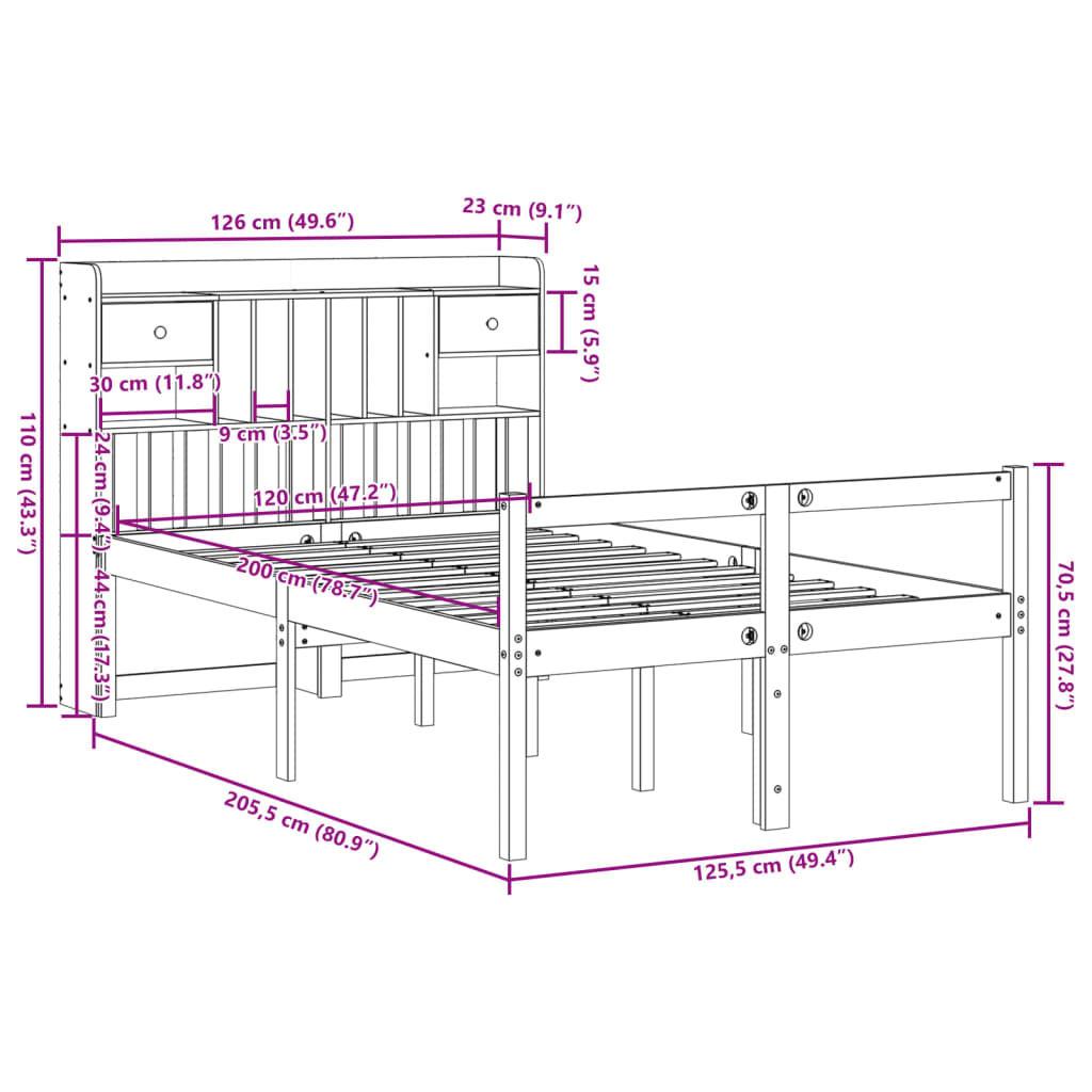 vidaXL Cama con estantería sin colchón madera maciza marrón 120x200cm