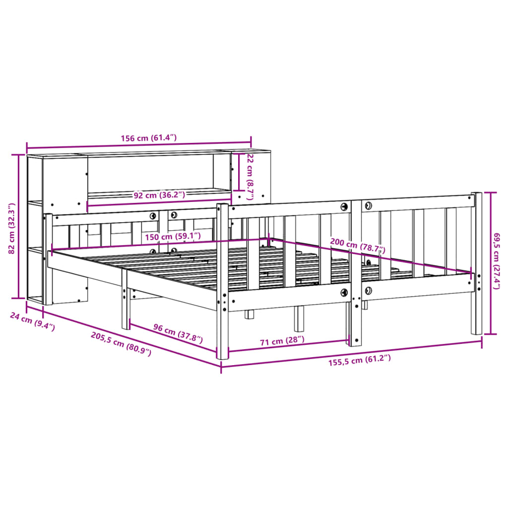 vidaXL Cama con estantería sin colchón madera maciza blanca 150x200 cm