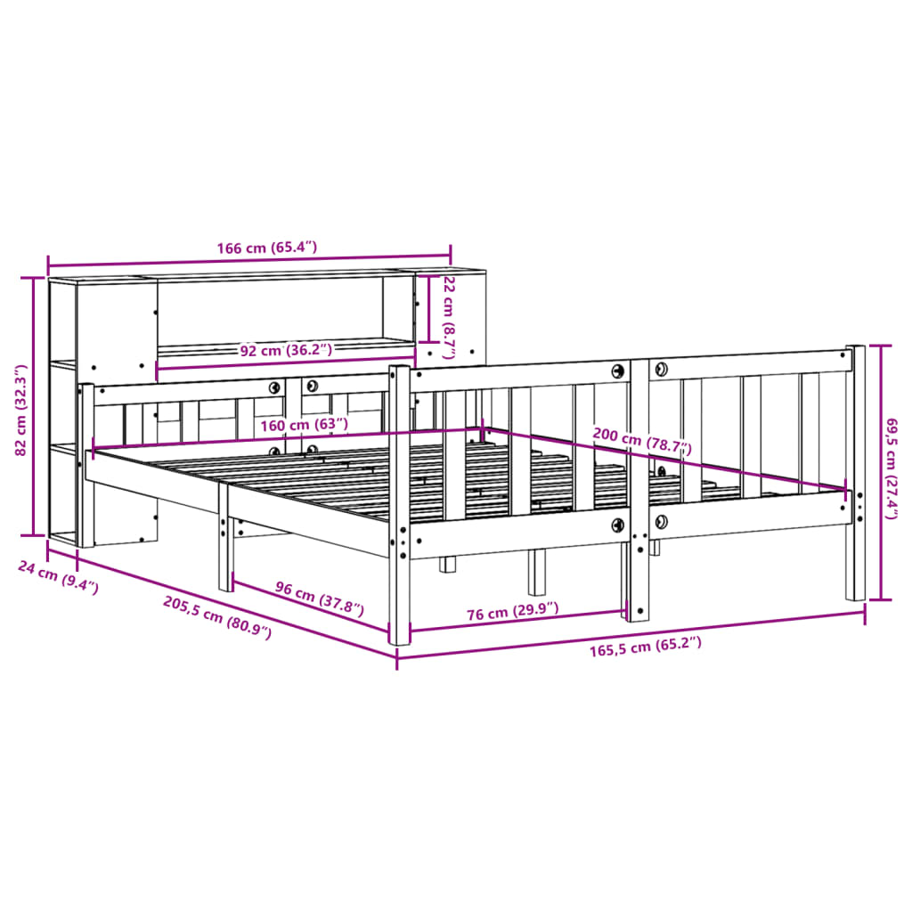 vidaXL Cama con estantería sin colchón madera maciza marrón 160x200 cm