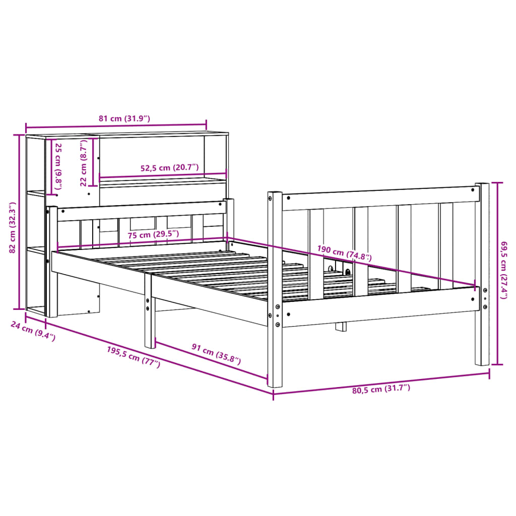 vidaXL Cama con estantería sin colchón madera maciza marrón 75x190 cm