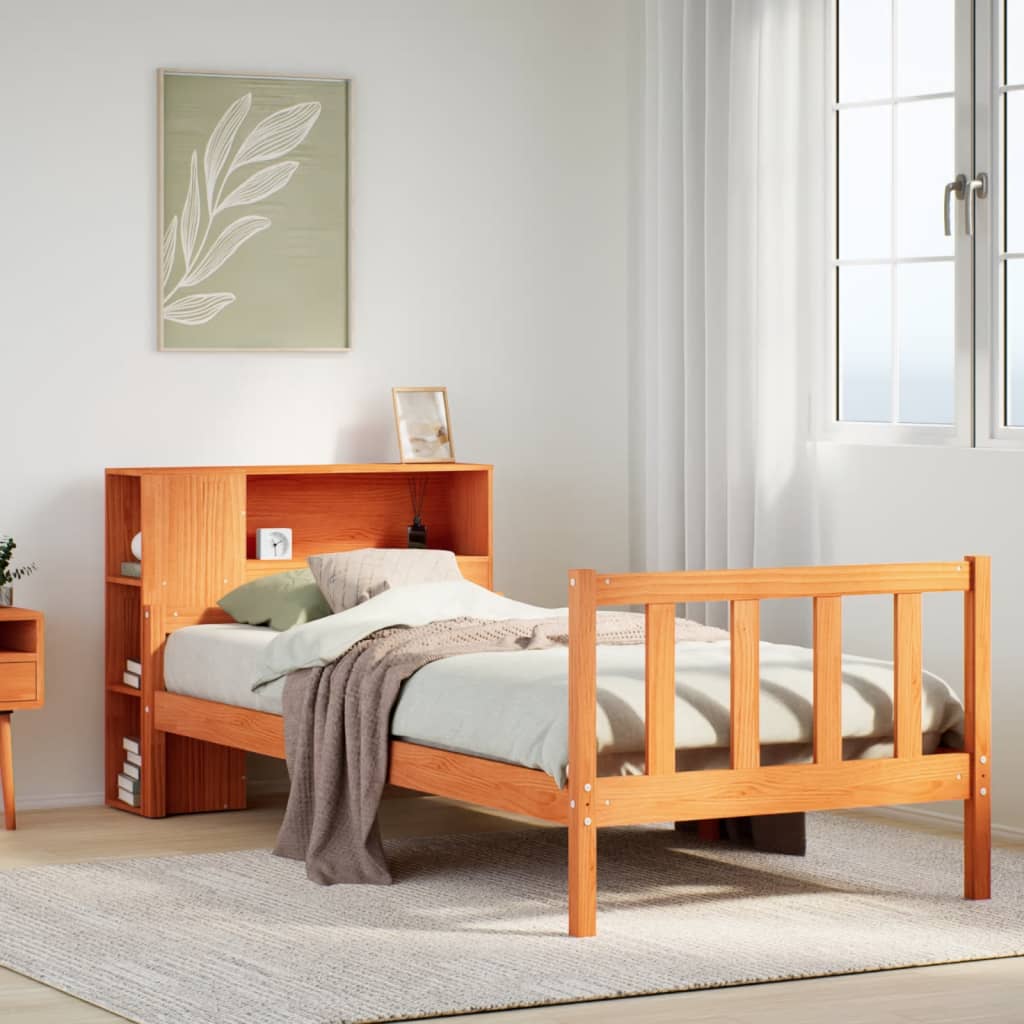 vidaXL Cama con estantería sin colchón madera maciza marrón 75x190 cm