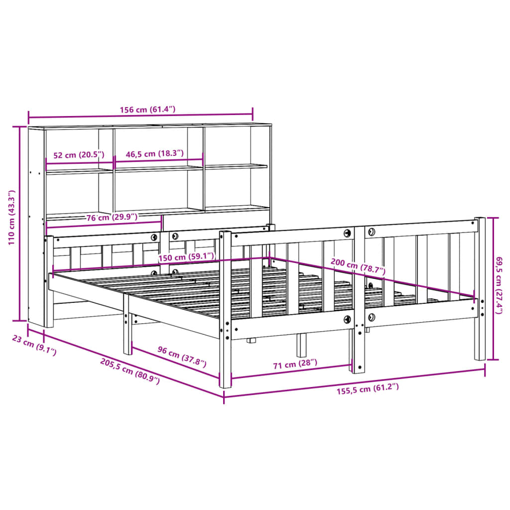 vidaXL Cama con estantería sin colchón madera maciza de pino 150x200cm