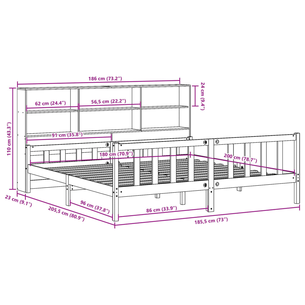 vidaXL Cama con estantería sin colchón madera maciza marrón 180x200 cm