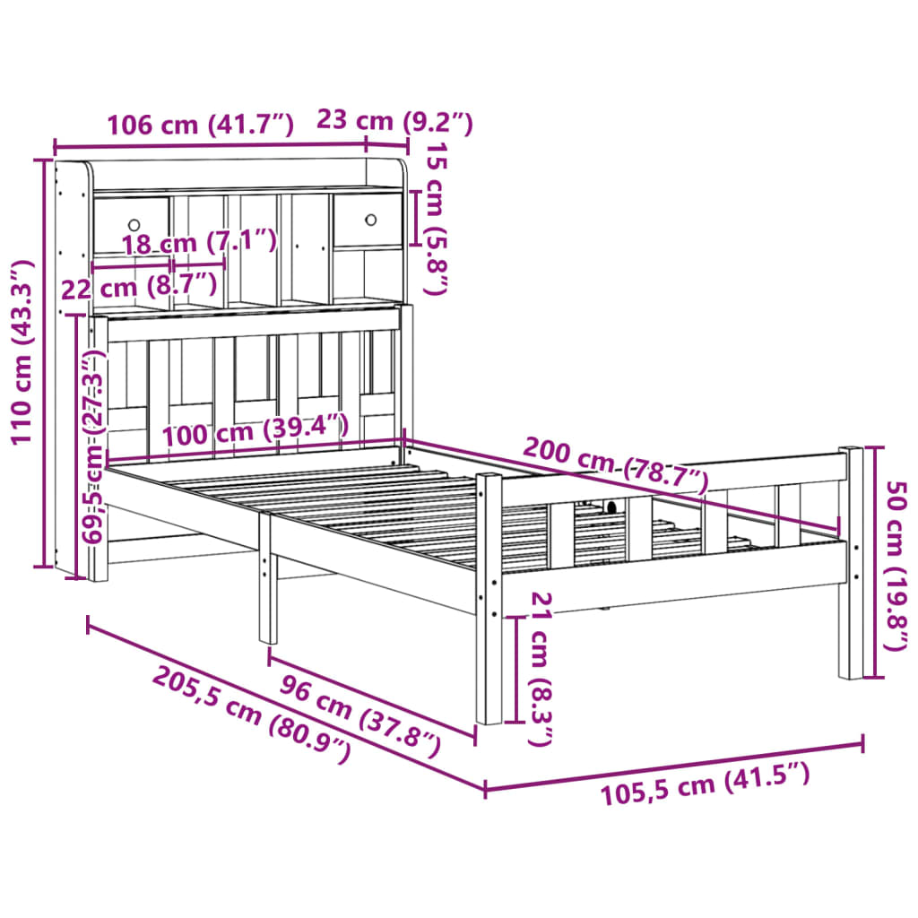 vidaXL Cama con estantería sin colchón madera maciza de pino 100x200cm