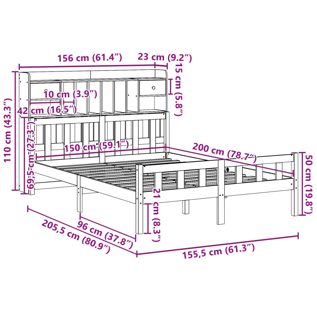 vidaXL Cama con estantería sin colchón madera maciza blanca 150x200 cm