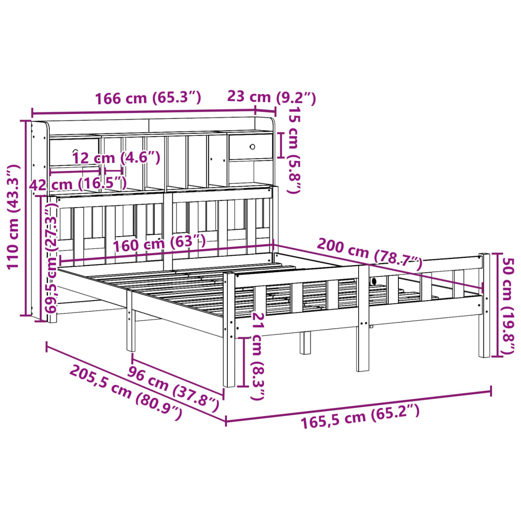 vidaXL Cama con estantería sin colchón madera maciza blanca 160x200 cm