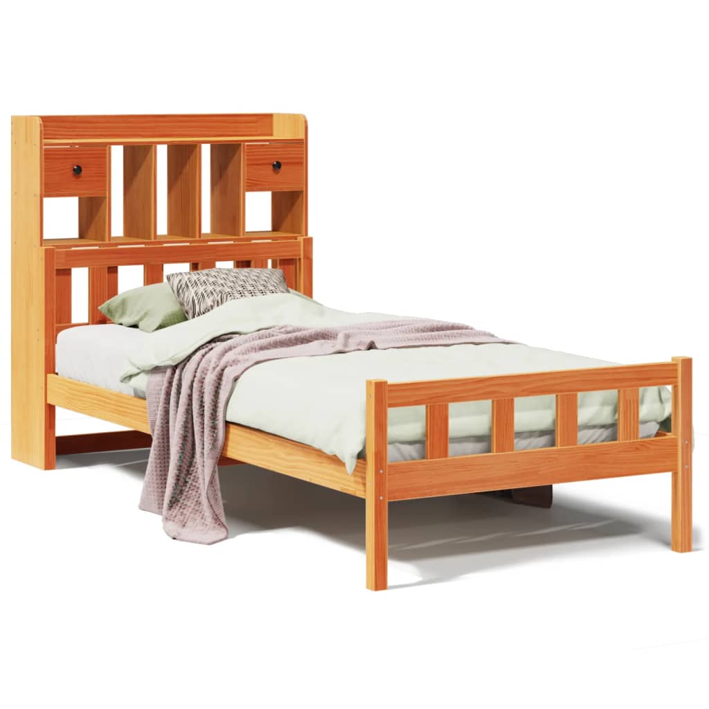 vidaXL Cama con estantería sin colchón madera maciza marrón 75x190 cm