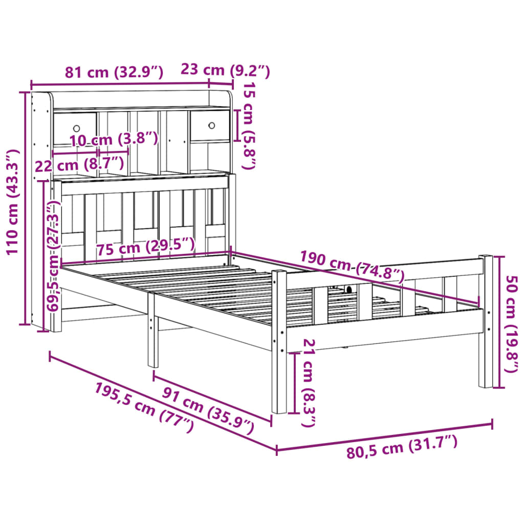 vidaXL Cama con estantería sin colchón madera maciza marrón 75x190 cm