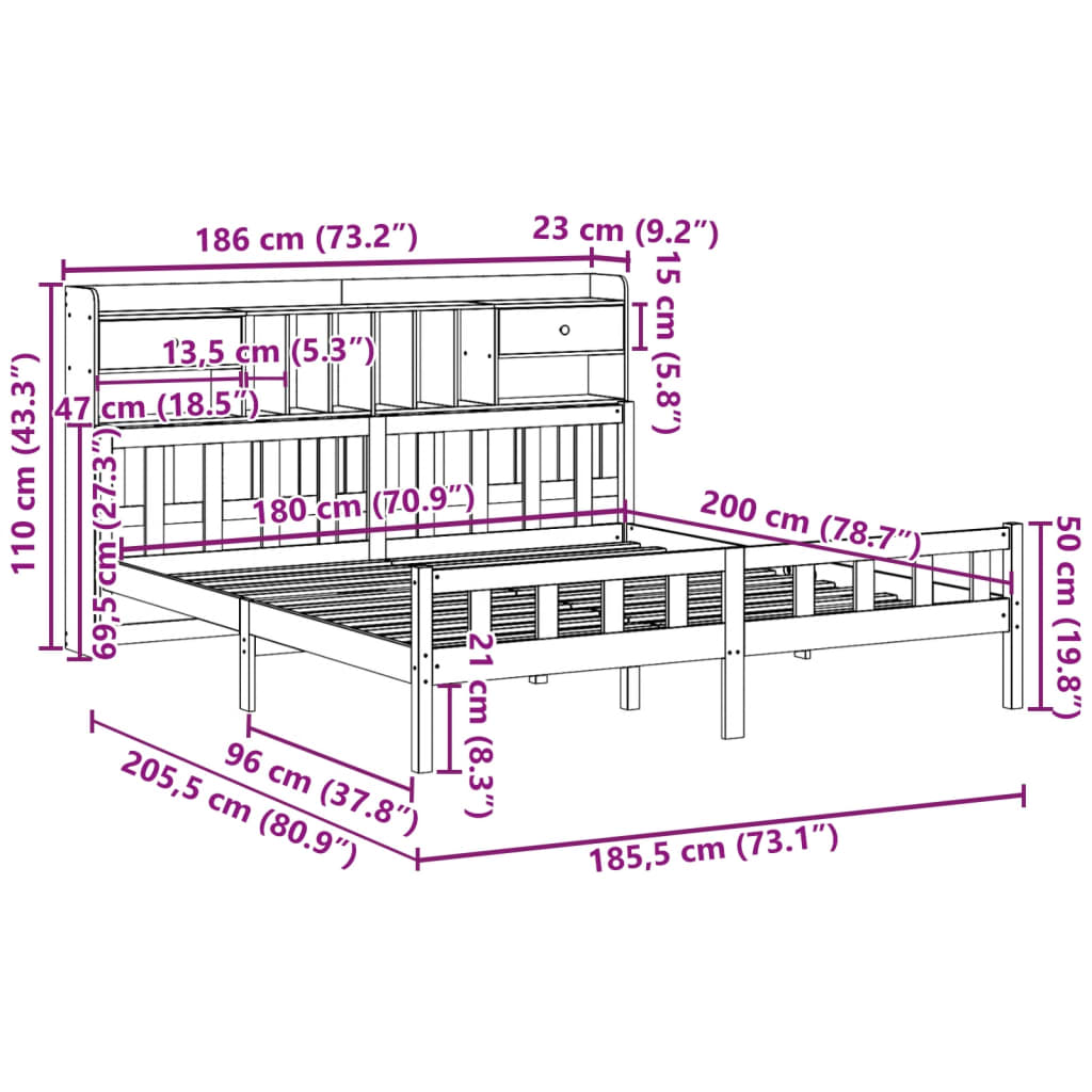 vidaXL Cama con estantería sin colchón madera maciza marrón 180x200cm