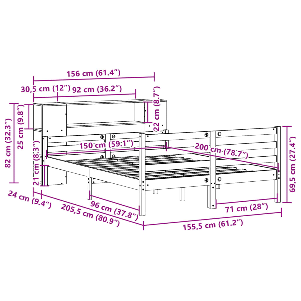 vidaXL Cama con estantería sin colchón madera maciza blanca 150x200 cm