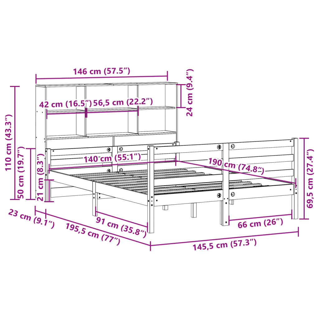 vidaXL Cama con estantería sin colchón madera maciza de pino 140x190cm