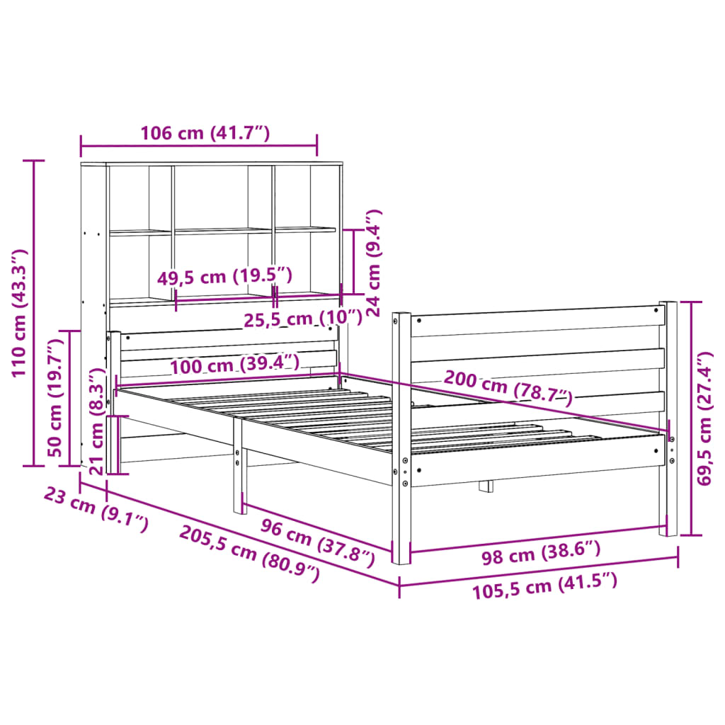 vidaXL Cama con estantería sin colchón madera maciza de pino 100x200cm