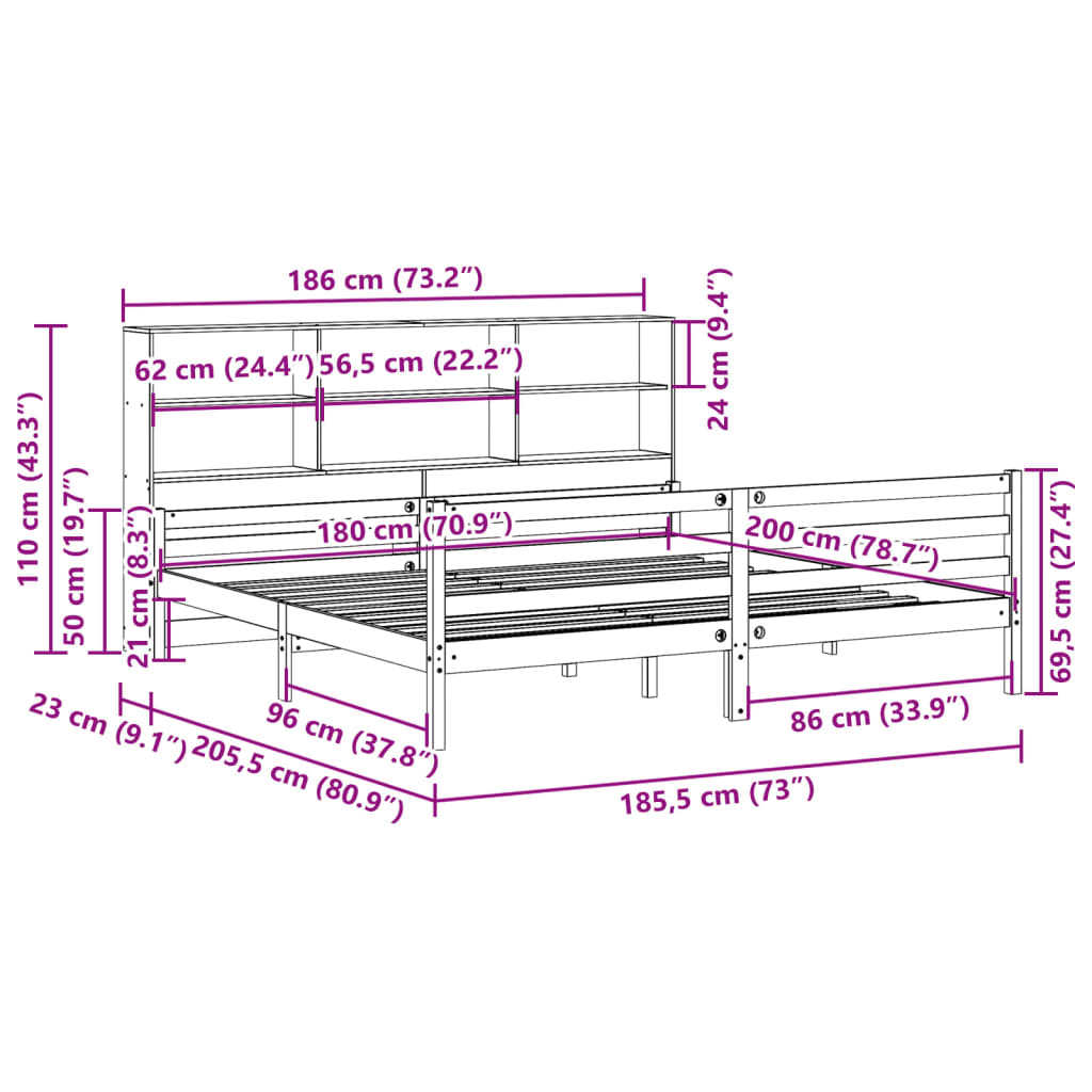 vidaXL Cama con estantería sin colchón madera maciza blanca 180x200 cm