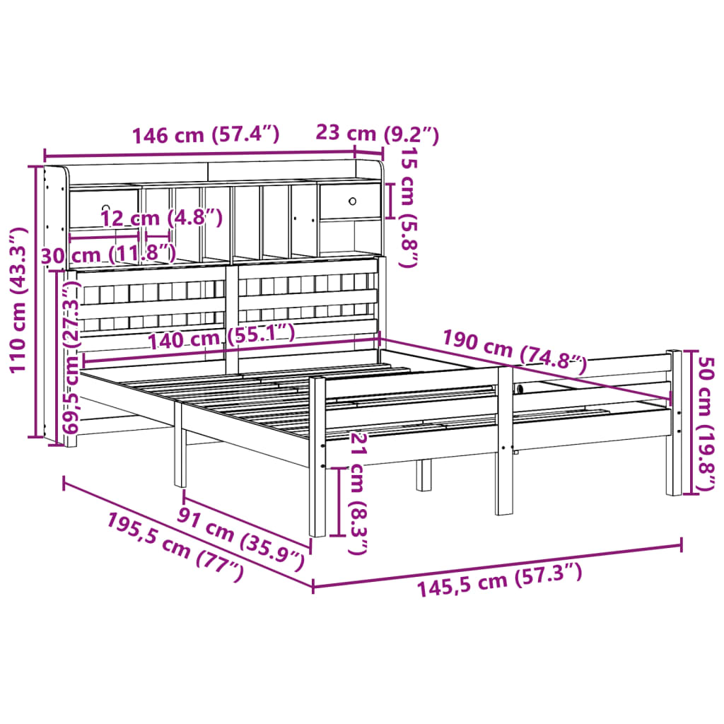 vidaXL Cama con estantería sin colchón madera maciza de pino 140x190cm