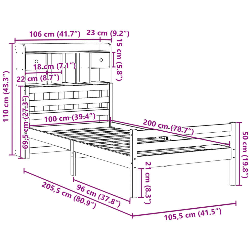 vidaXL Cama con estantería sin colchón madera maciza de pino 100x200cm