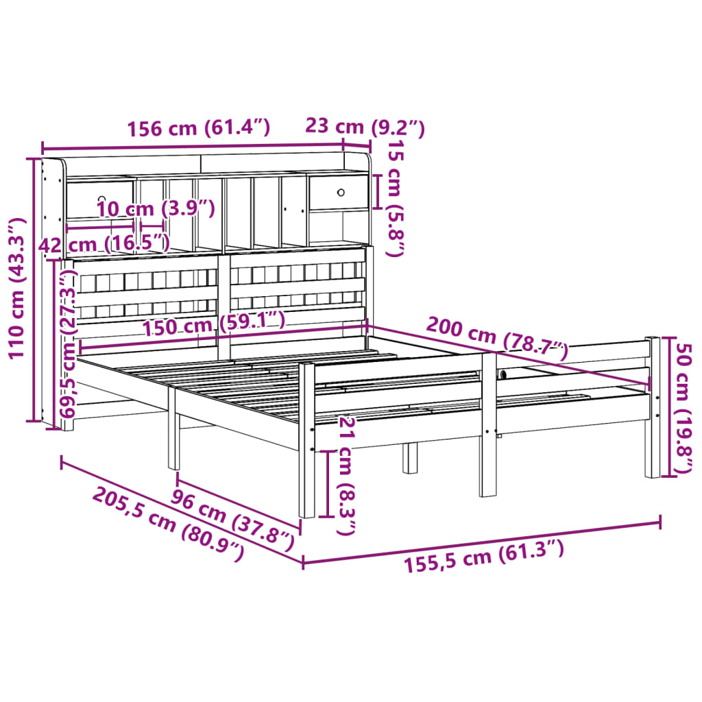 vidaXL Cama con estantería sin colchón madera maciza de pino 150x200cm