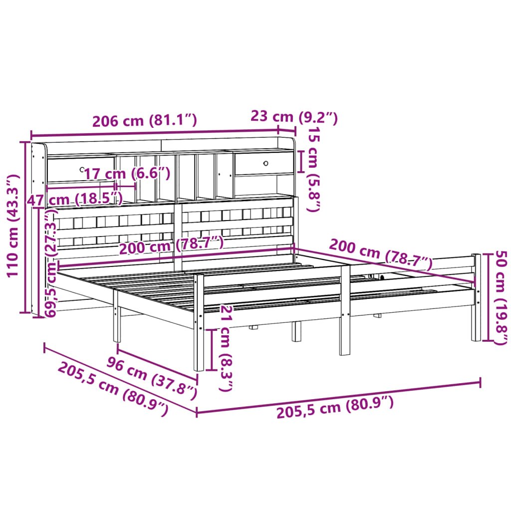 vidaXL Cama con estantería sin colchón madera maciza de pino 200x200cm