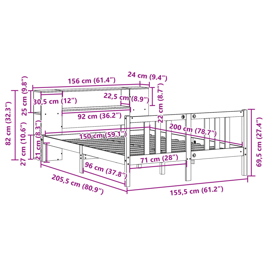 vidaXL Cama con estantería sin colchón madera maciza blanca 150x200 cm