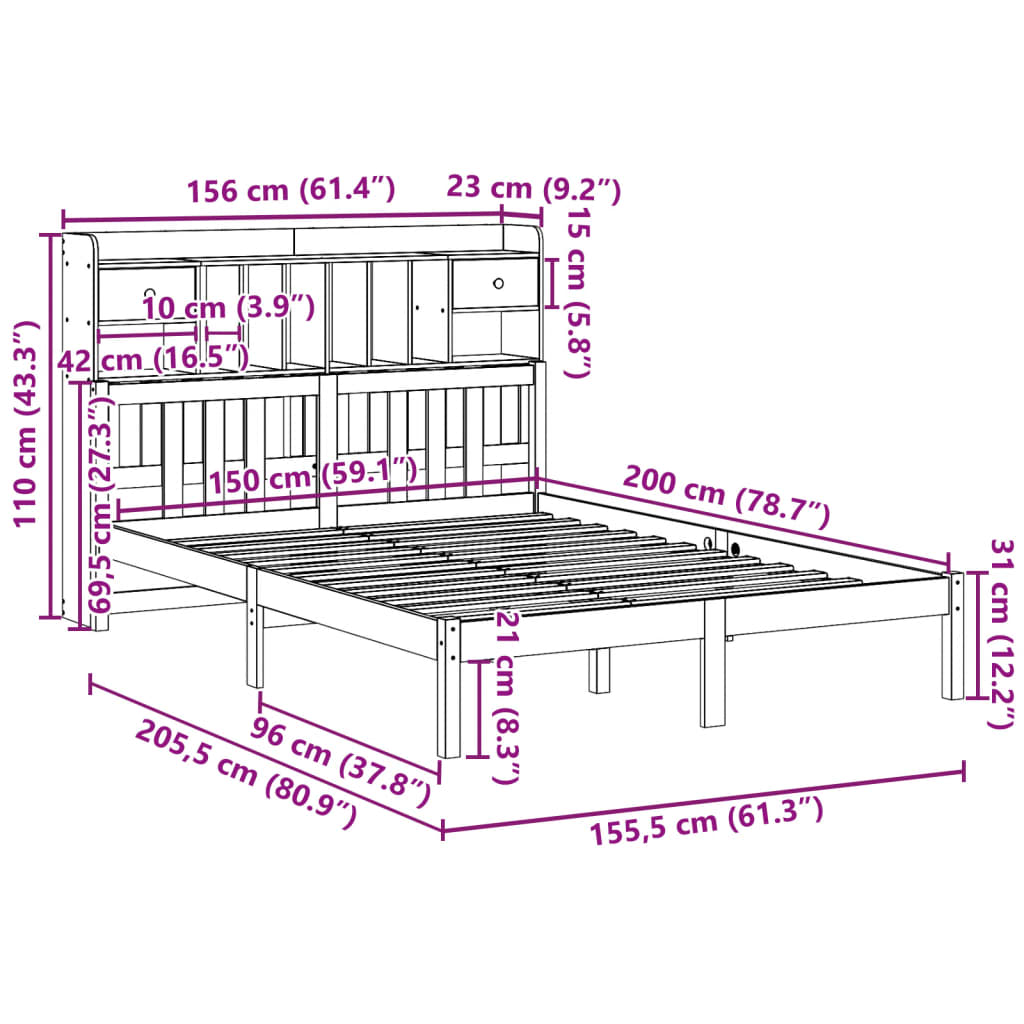 vidaXL Cama con estantería sin colchón madera maciza blanca 150x200 cm