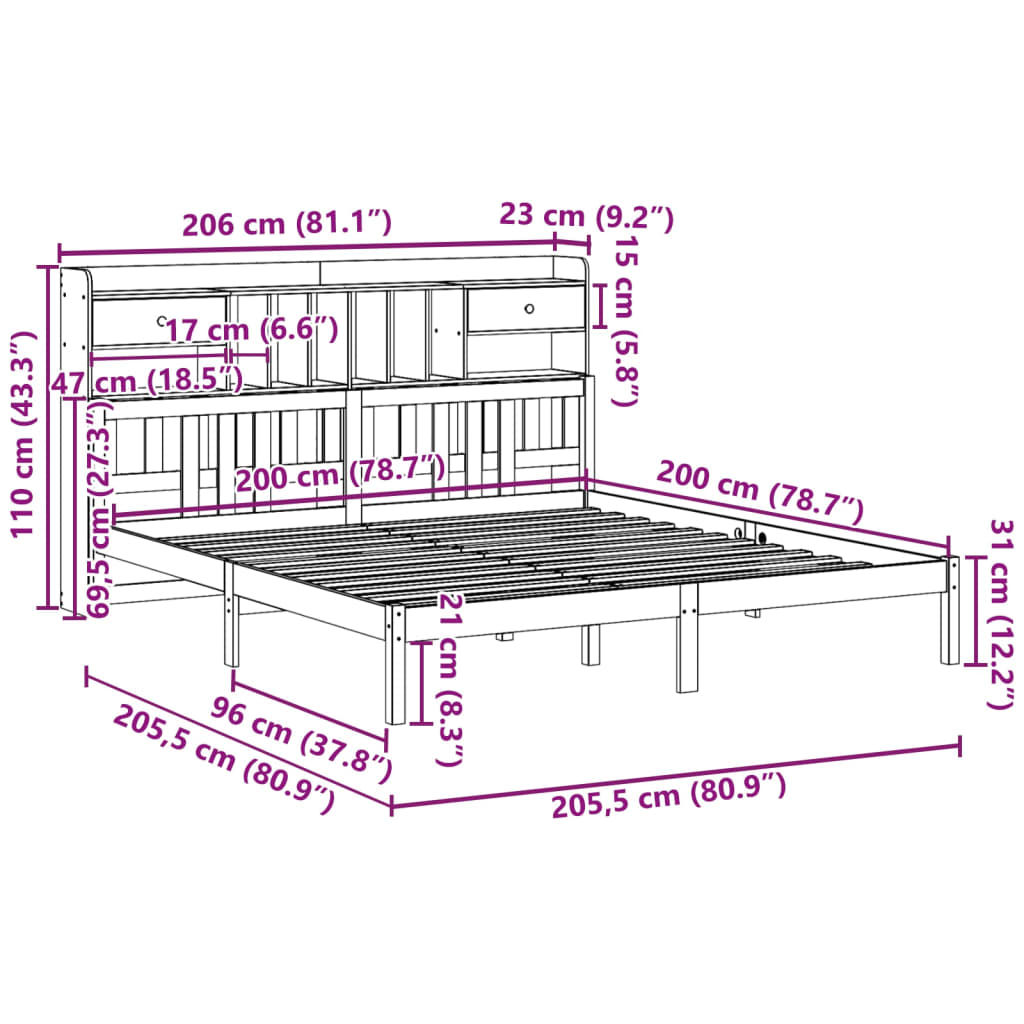 vidaXL Cama con estantería sin colchón madera maciza blanca 200x200 cm