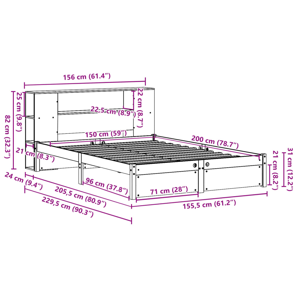 vidaXL Cama con estantería sin colchón madera maciza blanca 150x200 cm