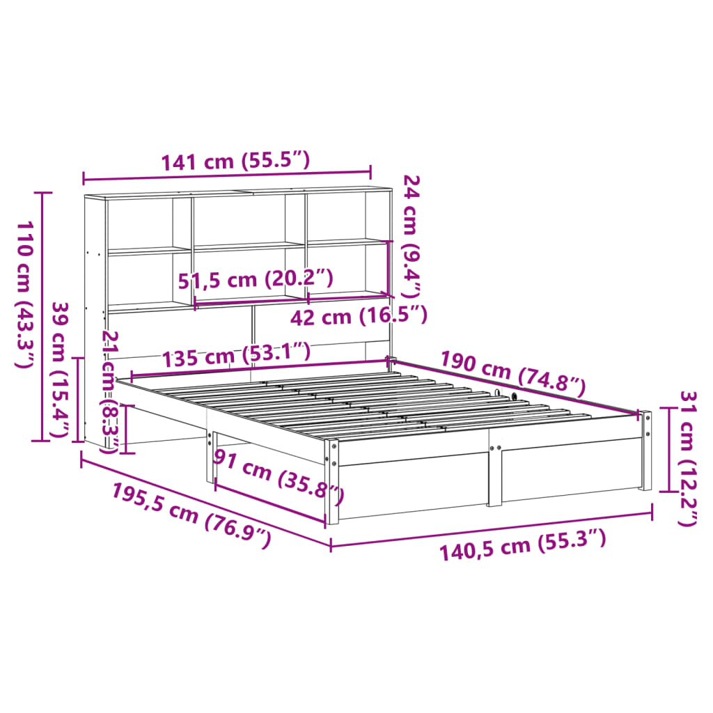 vidaXL Cama con estantería sin colchón madera maciza de pino 135x190cm