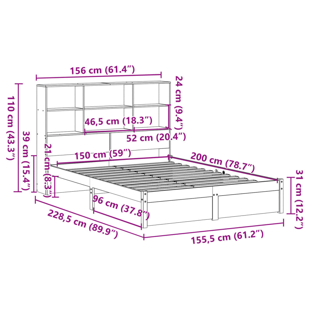 vidaXL Cama con estantería sin colchón madera maciza de pino 150x200cm