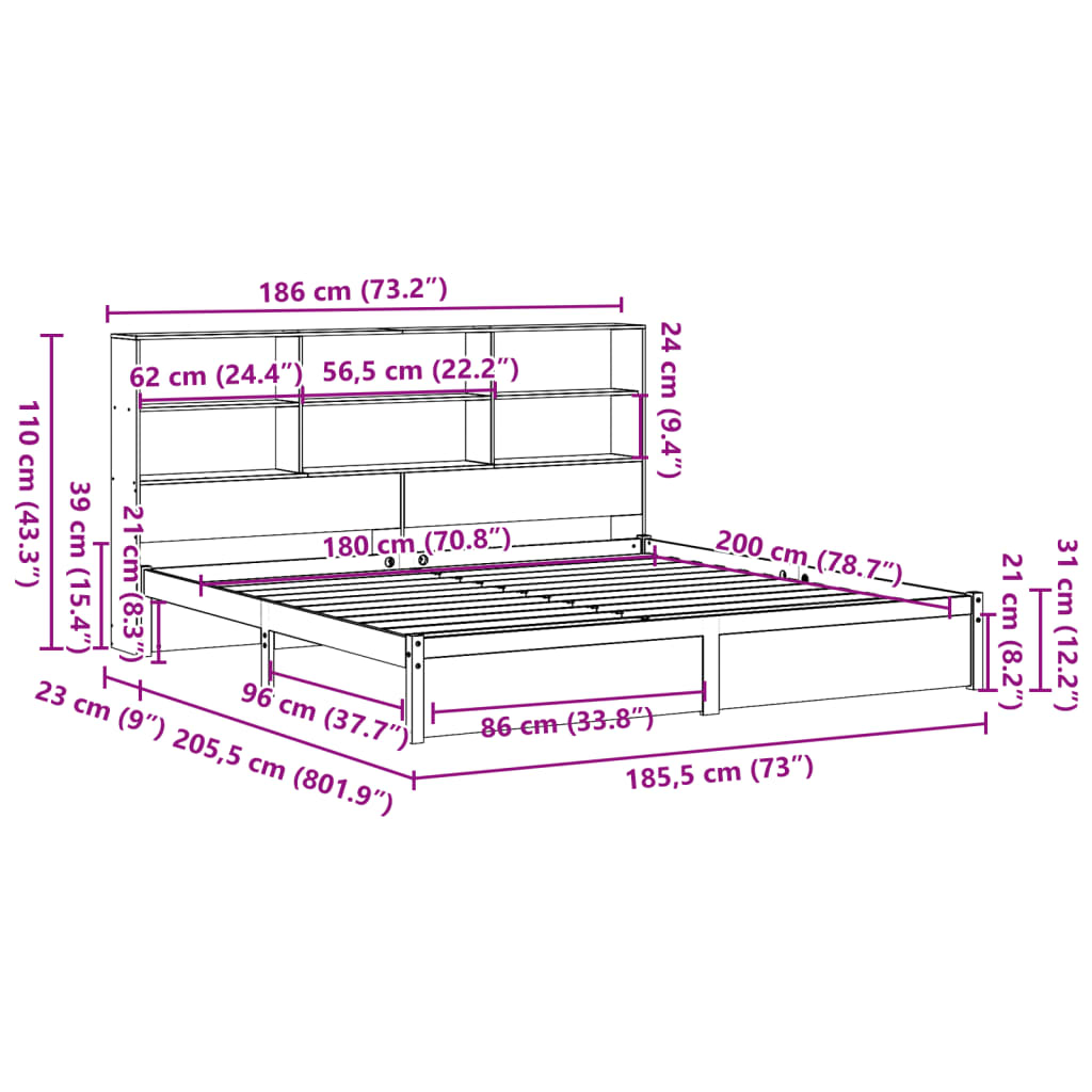 vidaXL Cama con estantería sin colchón madera maciza blanca 180x200 cm