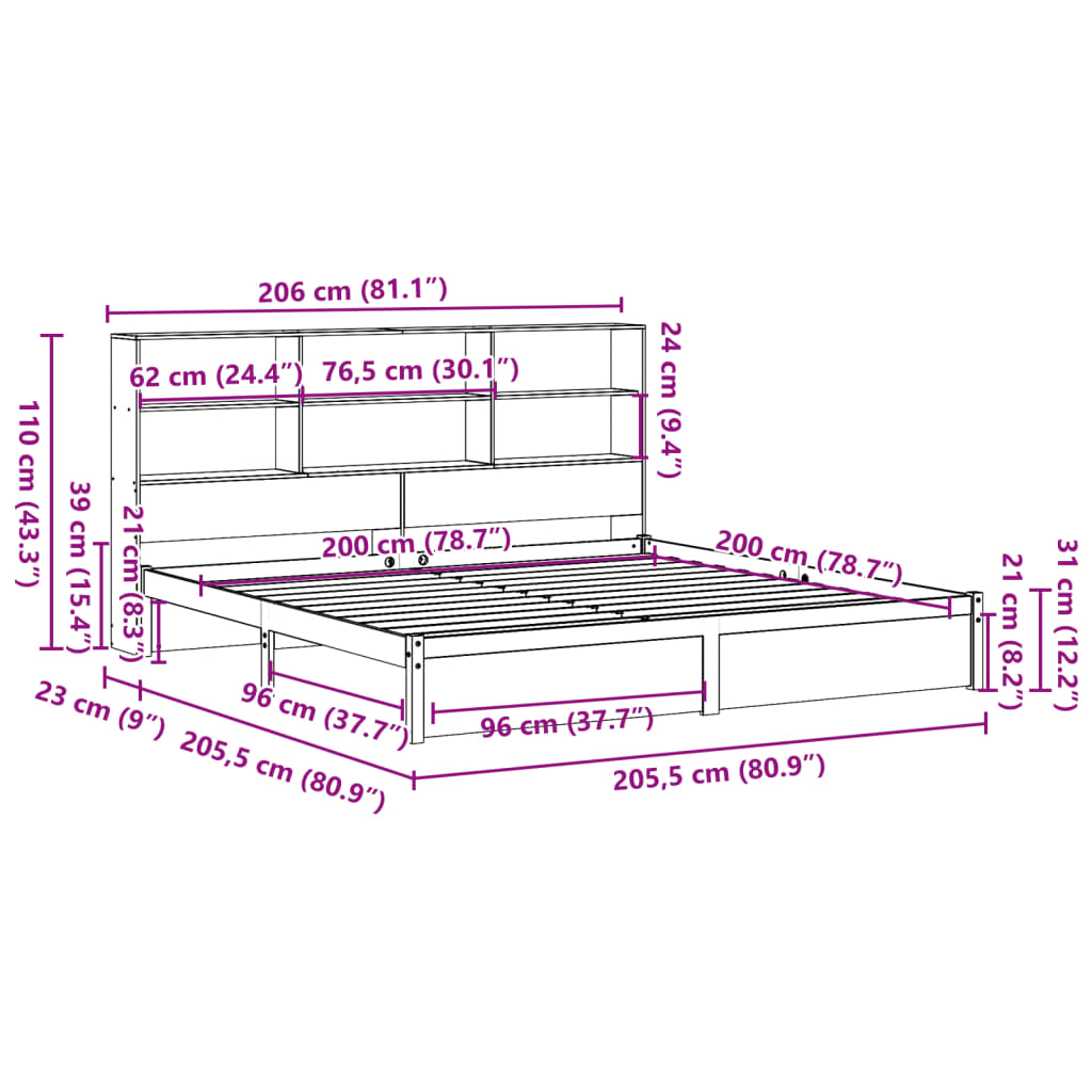 vidaXL Cama con estantería sin colchón madera maciza blanca 200x200 cm