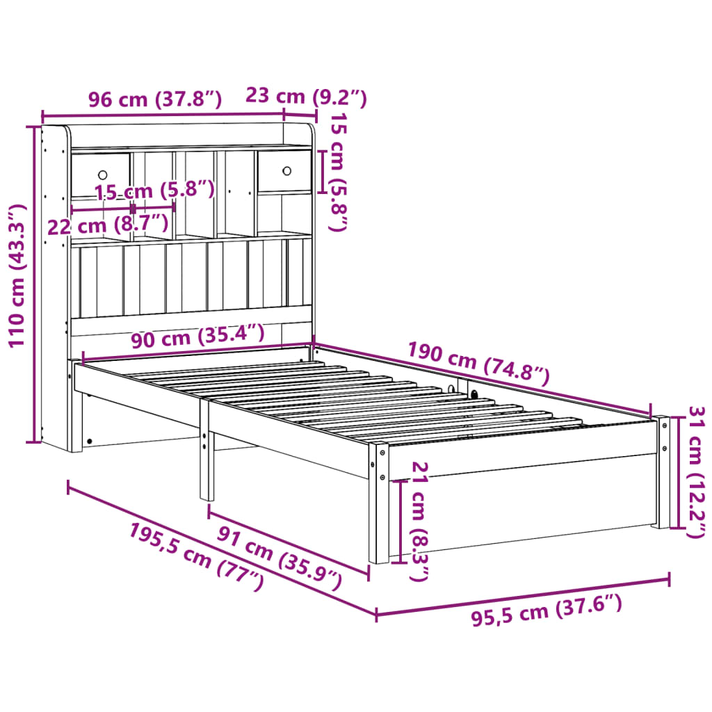 vidaXL Cama con estantería sin colchón madera maciza de pino 90x190 cm