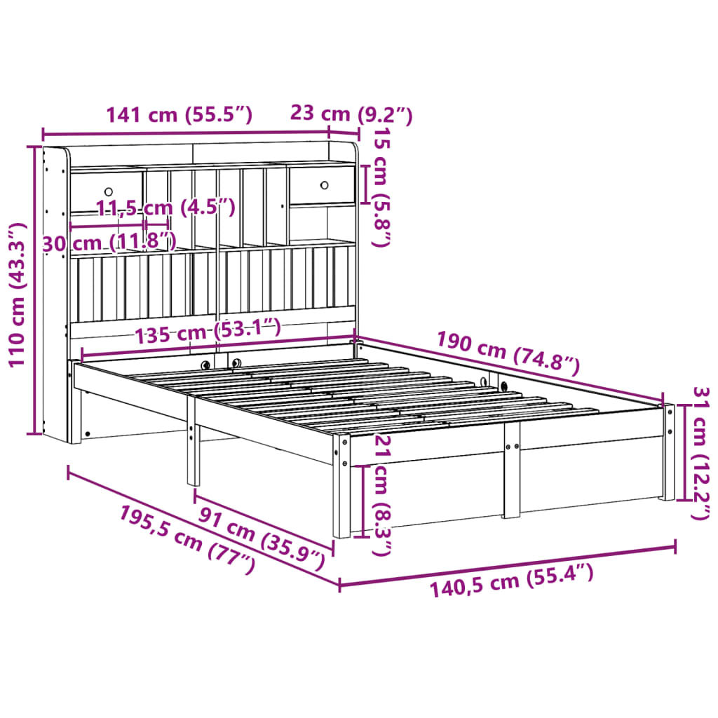 vidaXL Cama con estantería sin colchón madera maciza de pino 135x190cm