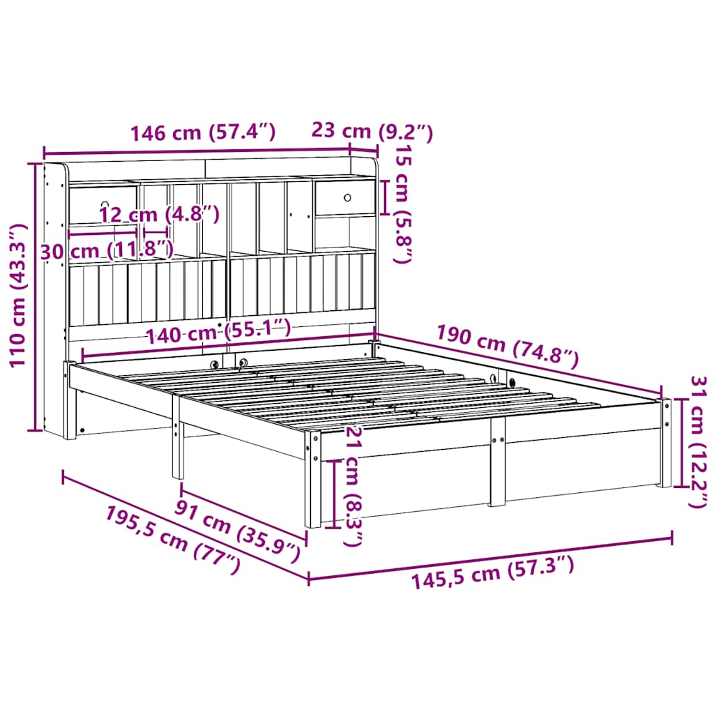 vidaXL Cama con estantería sin colchón madera maciza de pino 140x190cm