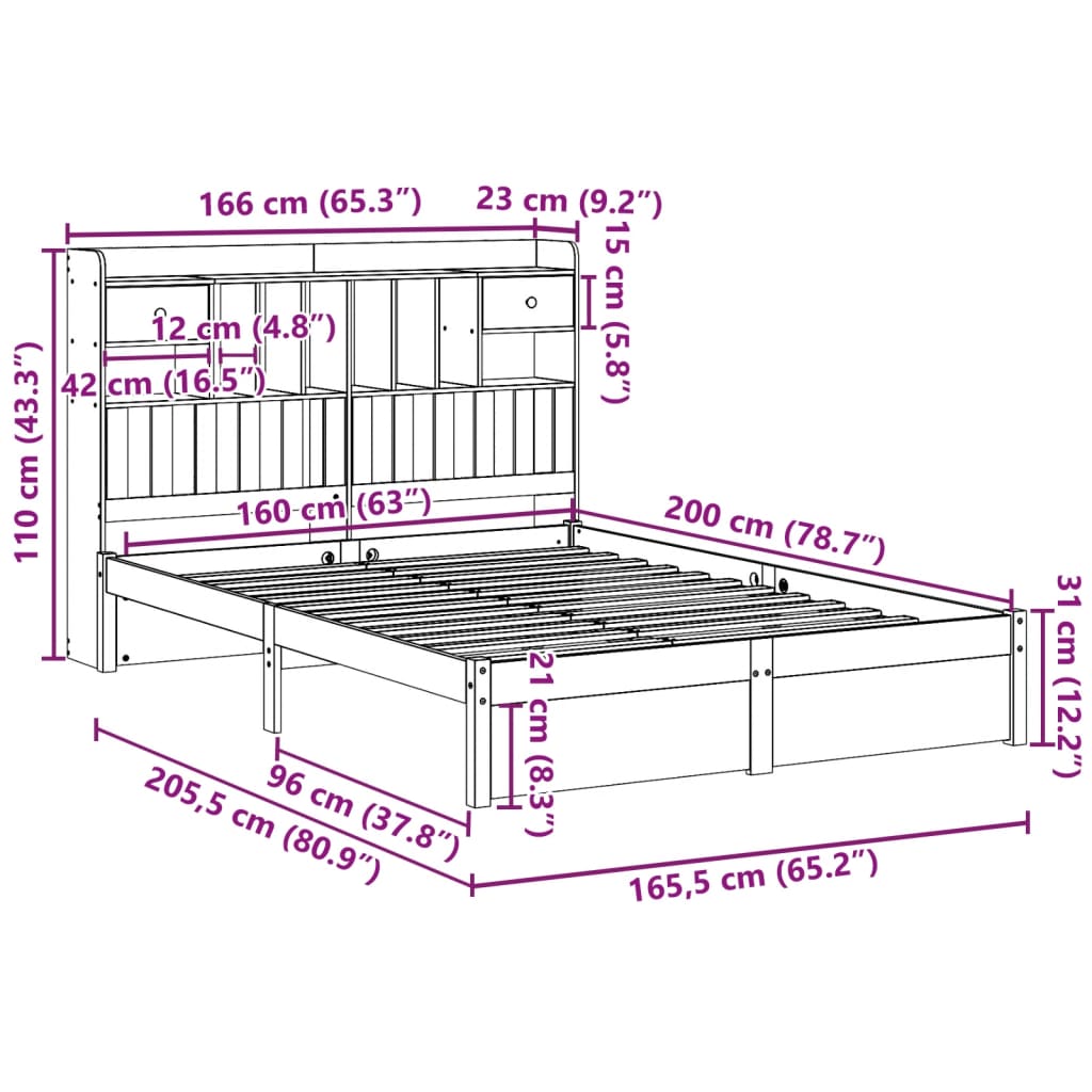 vidaXL Cama con estantería sin colchón madera maciza de pino 160x200cm