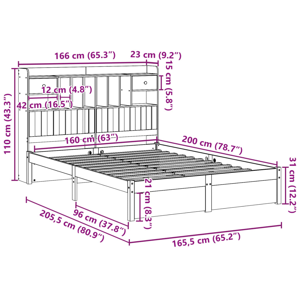 vidaXL Cama con estantería sin colchón madera maciza blanca 160x200 cm