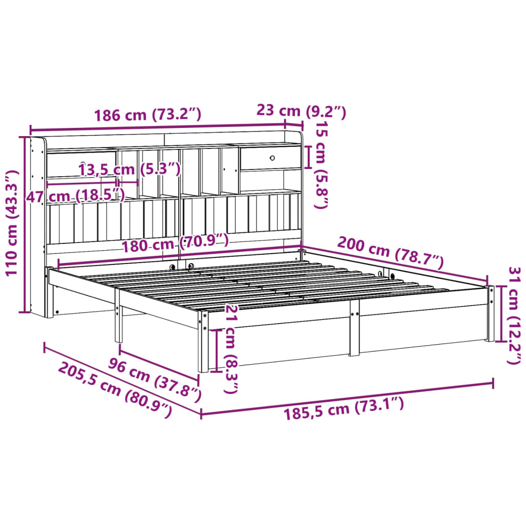 vidaXL Cama con estantería sin colchón madera maciza blanca 180x200 cm