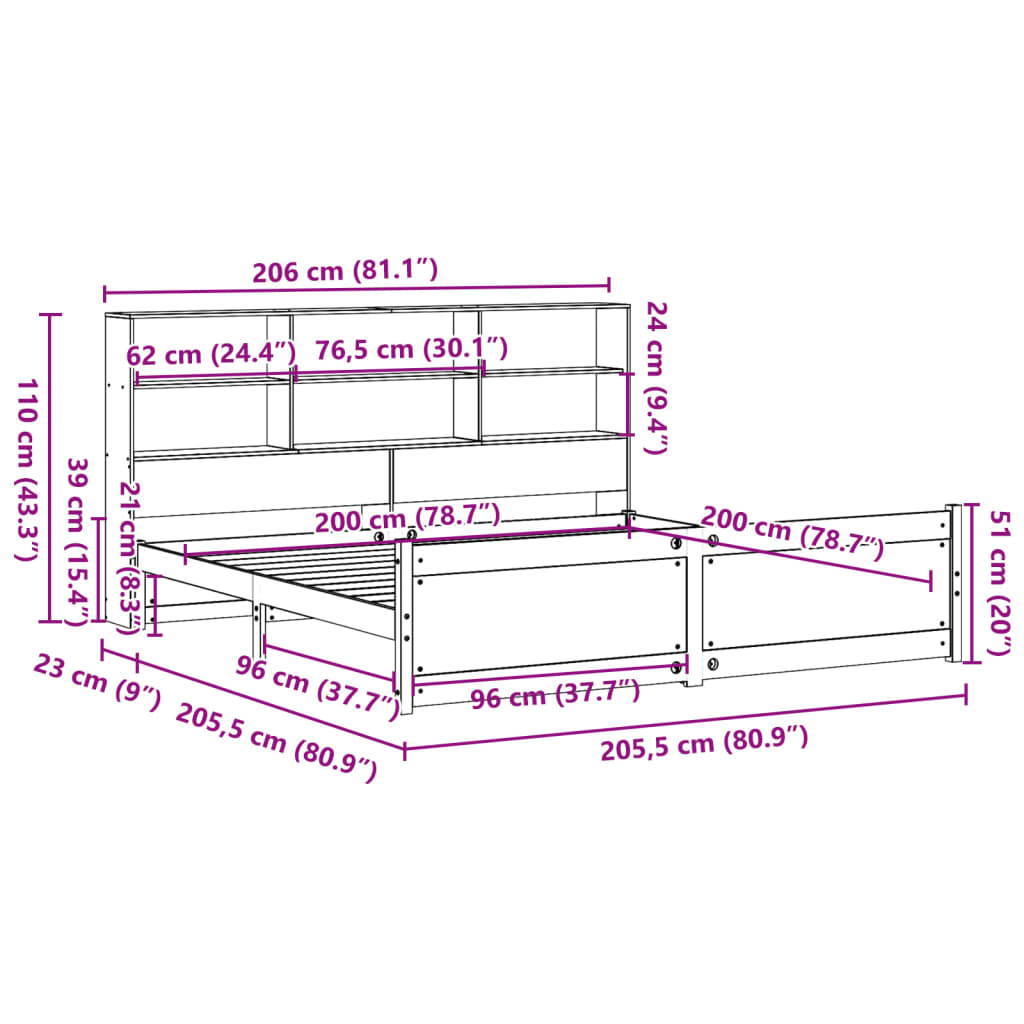 vidaXL Cama con estantería sin colchón madera maciza blanca 200x200 cm
