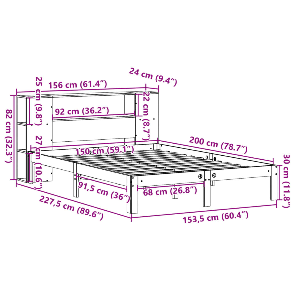 vidaXL Cama con estantería sin colchón madera maciza blanca 150x200 cm