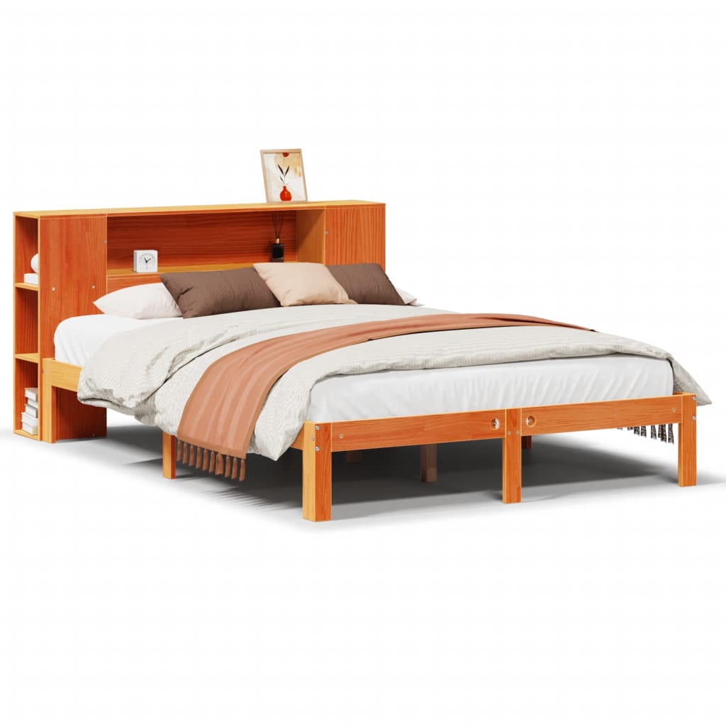 vidaXL Cama con estantería sin colchón madera maciza marrón 135x190cm