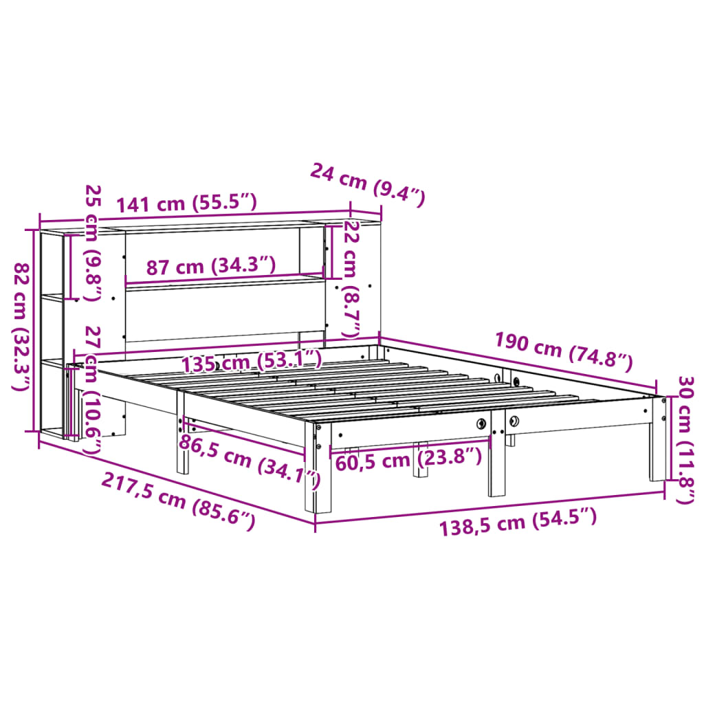 vidaXL Cama con estantería sin colchón madera maciza marrón 135x190cm