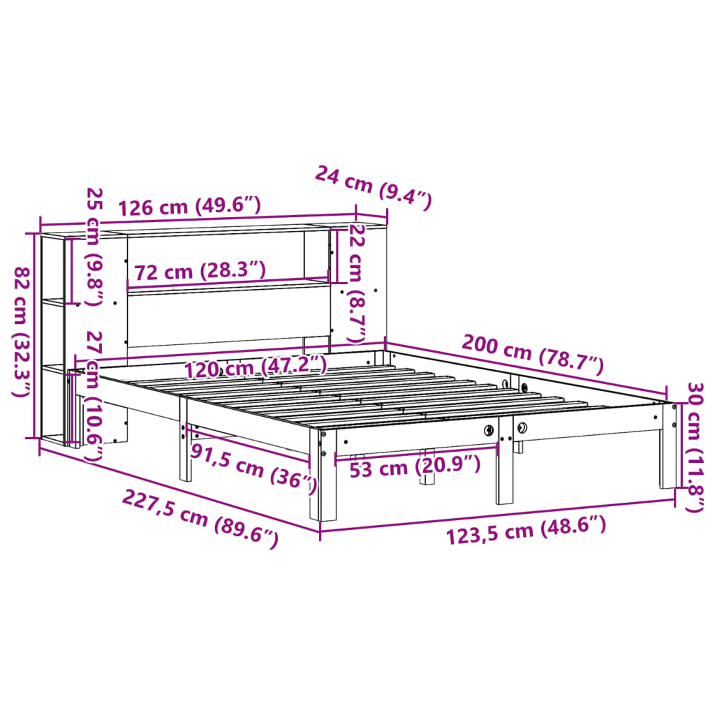 vidaXL Cama con estantería sin colchón madera maciza marrón 120x200cm