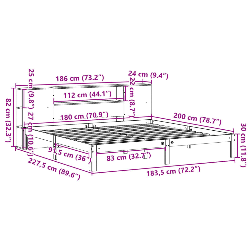 vidaXL Cama con estantería sin colchón madera maciza marrón 180x200cm