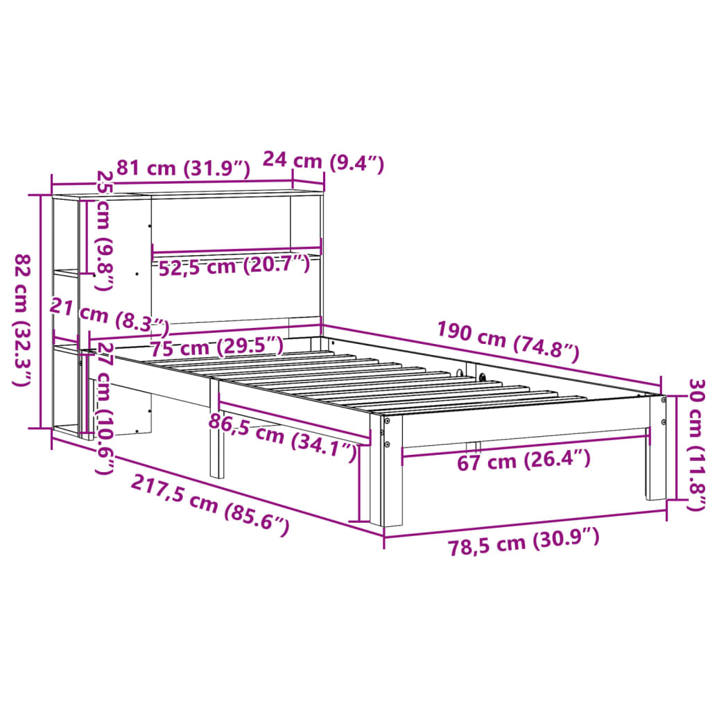 vidaXL Cama con estantería sin colchón madera maciza marrón 75x190 cm