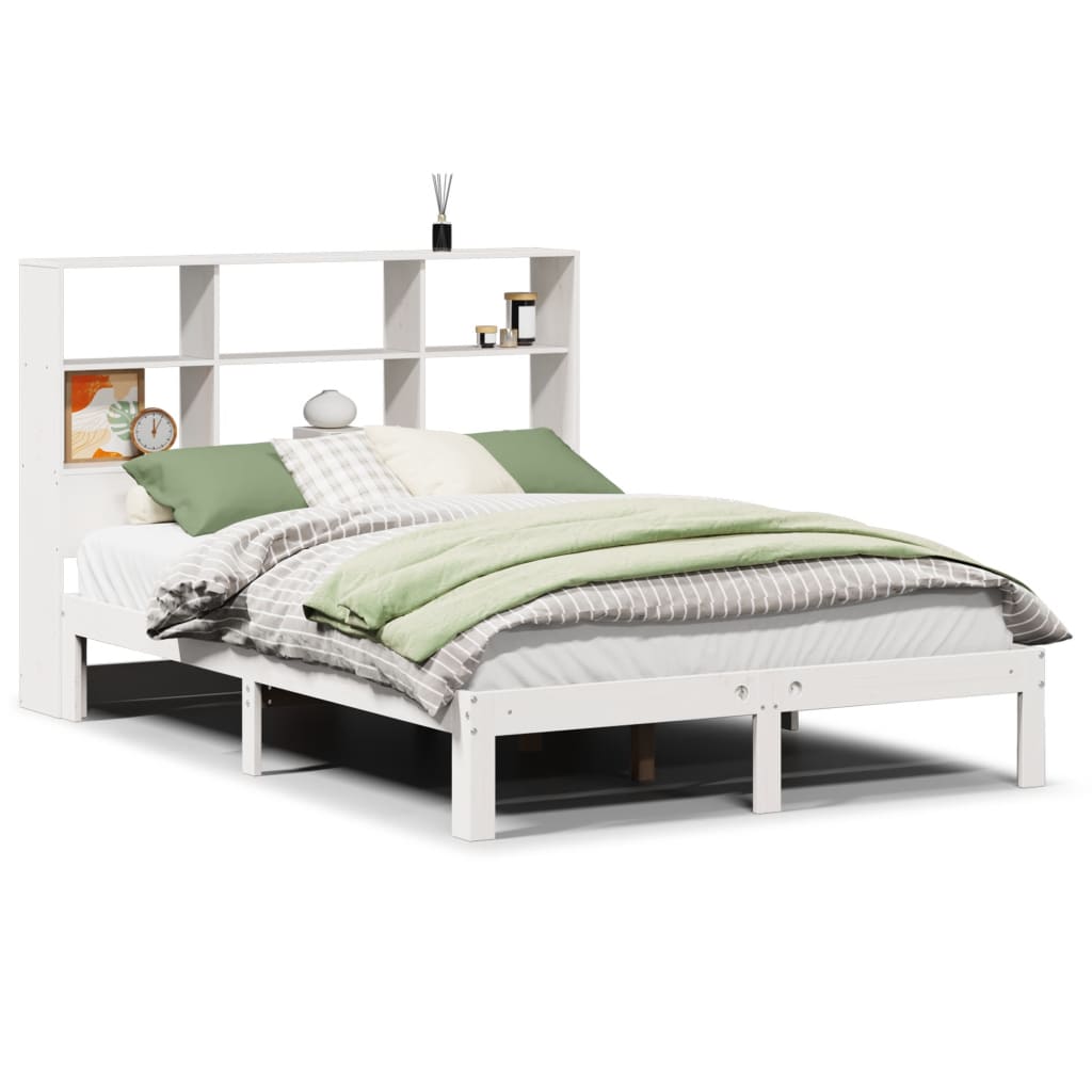 vidaXL Cama con estantería sin colchón madera maciza blanca 135x190 cm