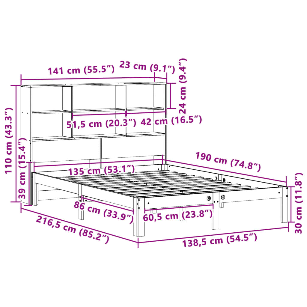 vidaXL Cama con estantería sin colchón madera maciza blanca 135x190 cm