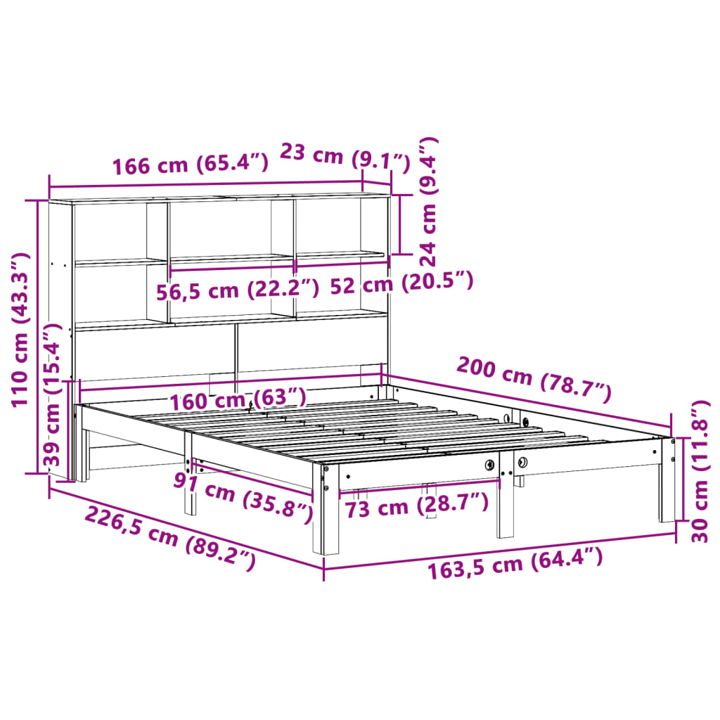 vidaXL Cama con estantería sin colchón madera maciza de pino 160x200cm