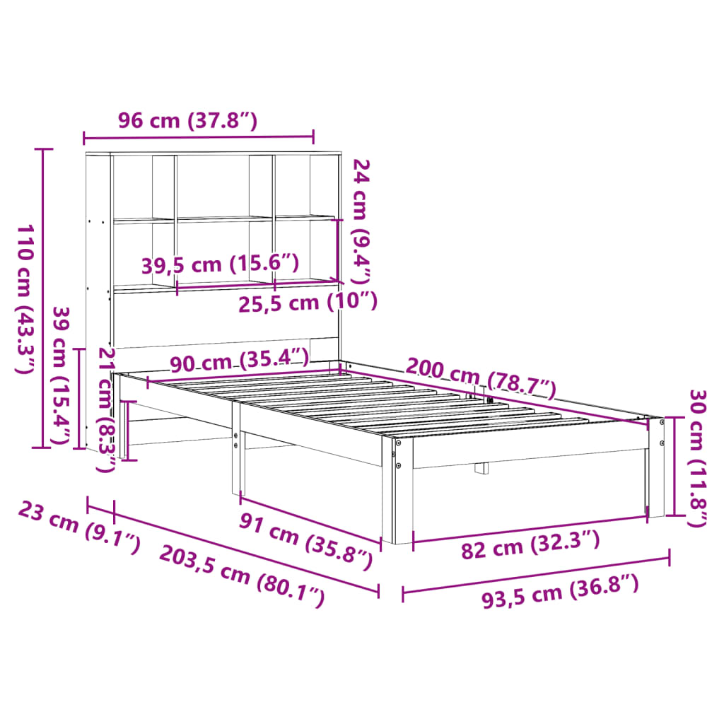 vidaXL Sofá con estantería sin colchón madera maciza marrón 90x200 cm