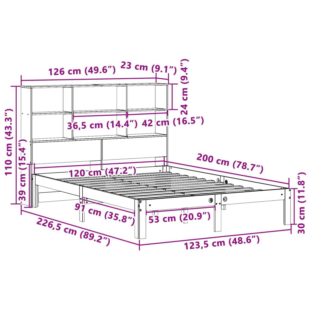 vidaXL Cama con estantería sin colchón madera maciza marrón 120x200cm