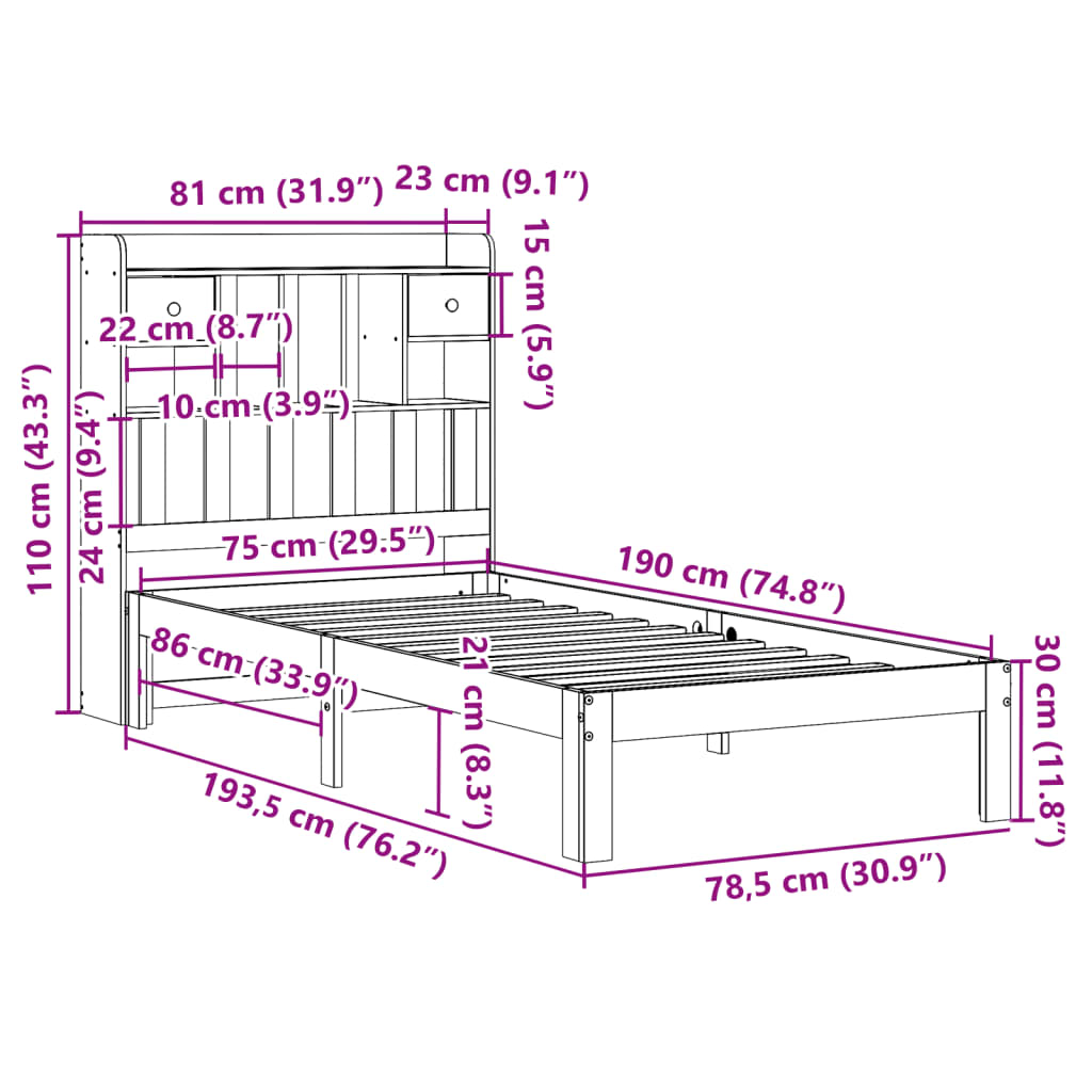 vidaXL Cama con estantería sin colchón madera maciza de pino 75x190 cm