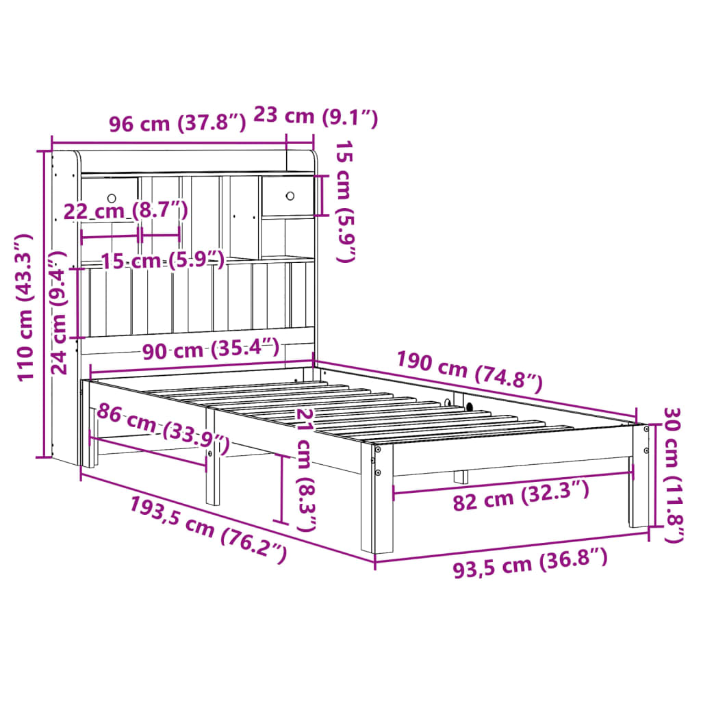 vidaXL Cama con estantería sin colchón madera maciza de pino 90x190 cm