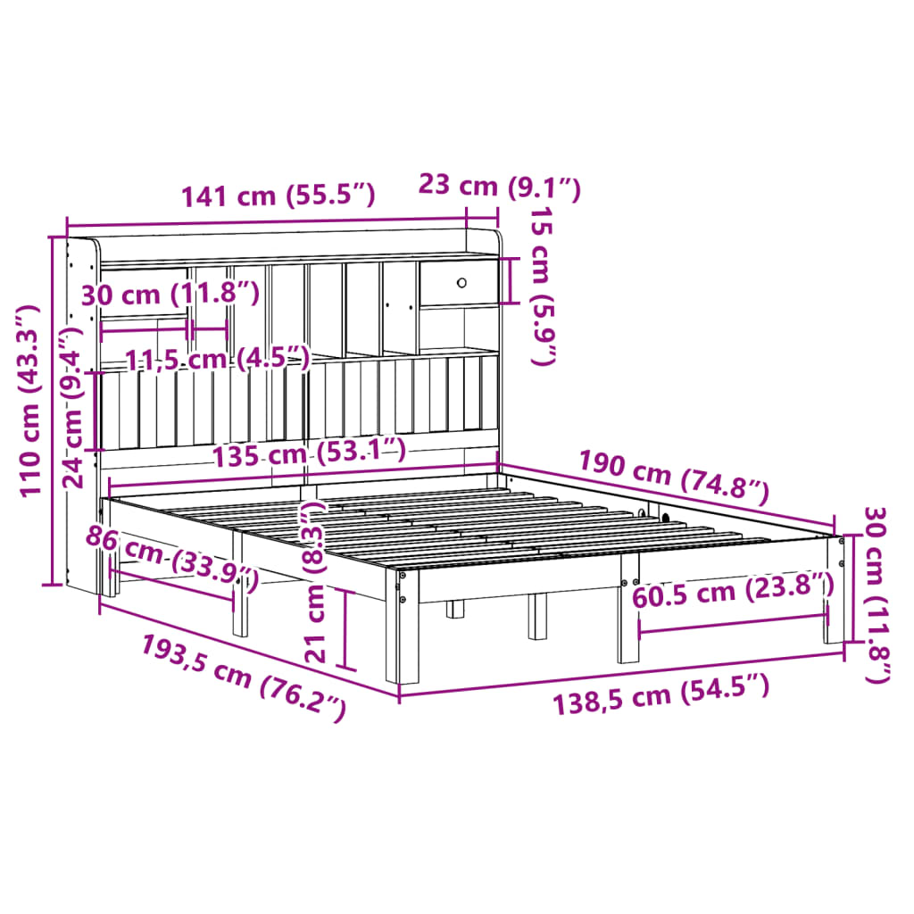 vidaXL Cama con estantería sin colchón madera maciza de pino 135x190cm